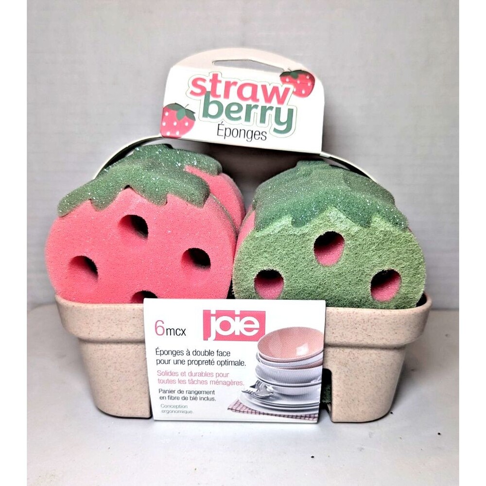 Joie Strawberry Sponges Dual-Sided 6-pc Wheat Fiber Storage Basket Ergonomic NEW